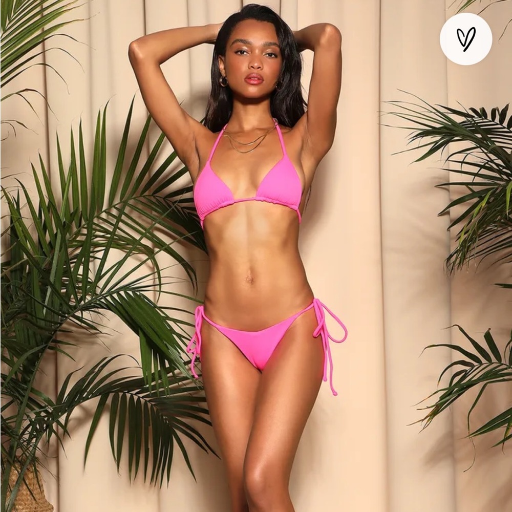 Ariel Hot Pink Ribbed Triangle Side Tie Bikini Set